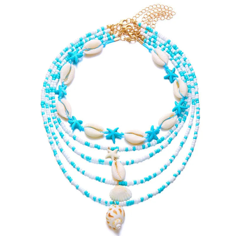 Women's multi-layer starfish shell bead necklace set with adjustable chain