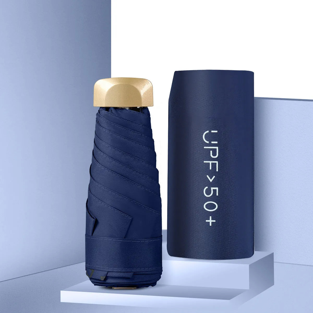 Closed 5-fold mini pocket sun umbrella showing compact size and rubber handle