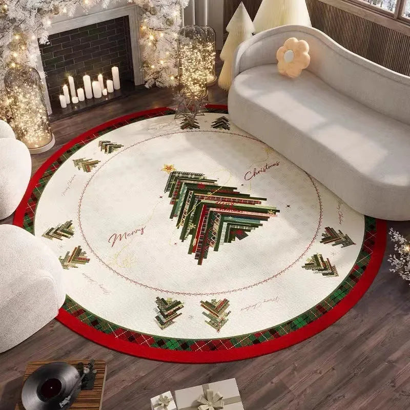 Round red Christmas carpet with festive pattern on wooden floor