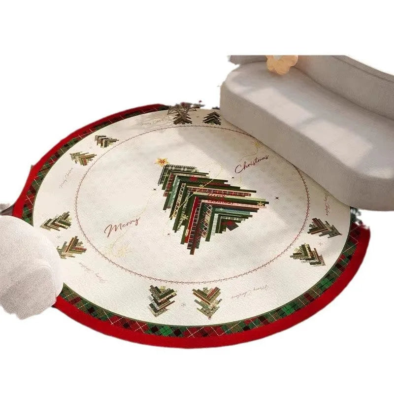 Round red Christmas carpet with festive pattern on wooden floor