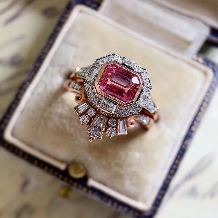 Rose gold retro style women's fashion ring with geometric ruby design in alloy material
