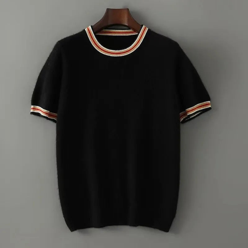 Men's pure wool short sleeve sweater in grey showing round neck and pullover design