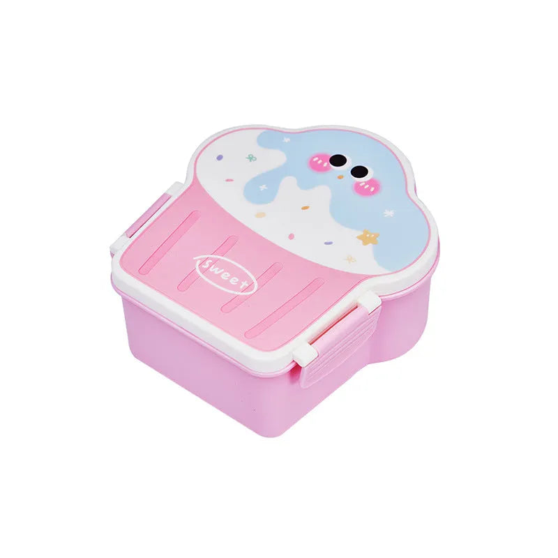 Pink and blue cartoon-style ice cream shaped plastic lunch boxes with spoons and forks.
