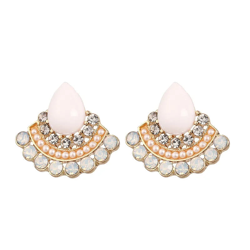 Women's retro fan-shaped geometric earrings with rhinestone detailing and sterling silver electroplated finish