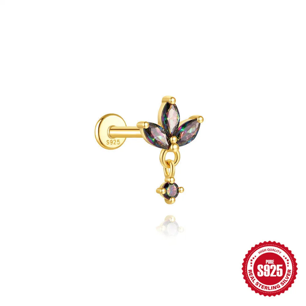 S925 sterling silver piercing earrings with super shiny rainbow stone and flat head thread in gold colour