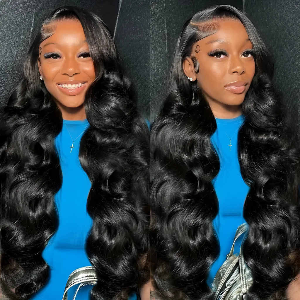 A black ladies' wig with big wave styling on a lace base, showing its long synthetic fibres.