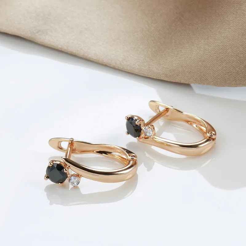 Gold-plated copper black agate earrings with drop-shaped retro geometric design