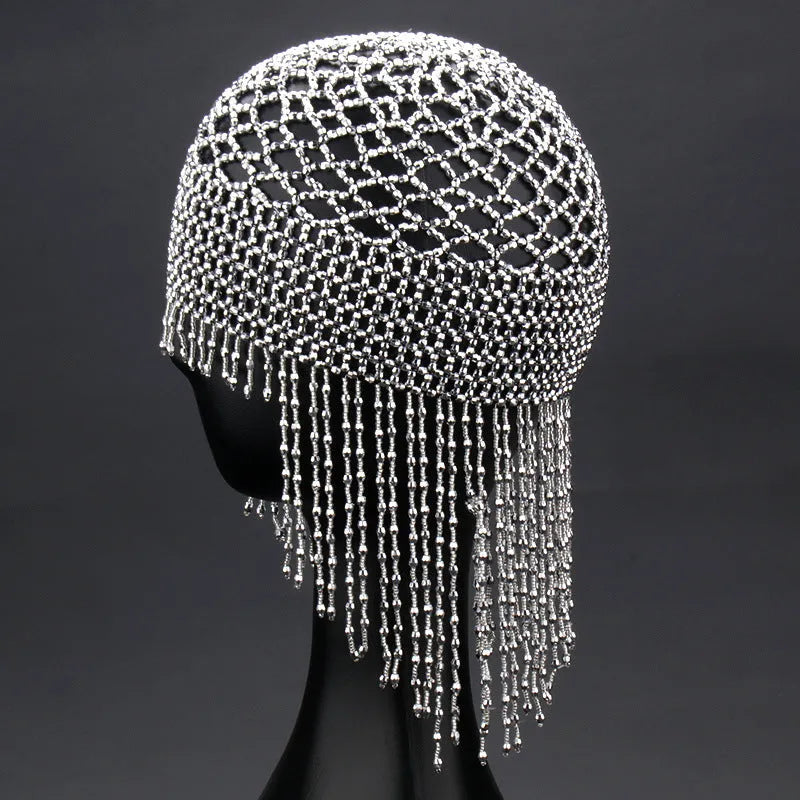 Belly dance hat with alloy frame, beaded ornamentation and tassels in silver or black
