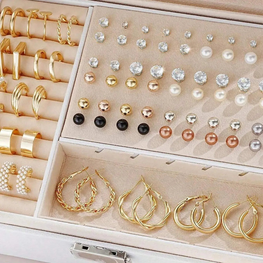 108-piece geometric pearl earrings set in gold and yellow electroplated alloy metal