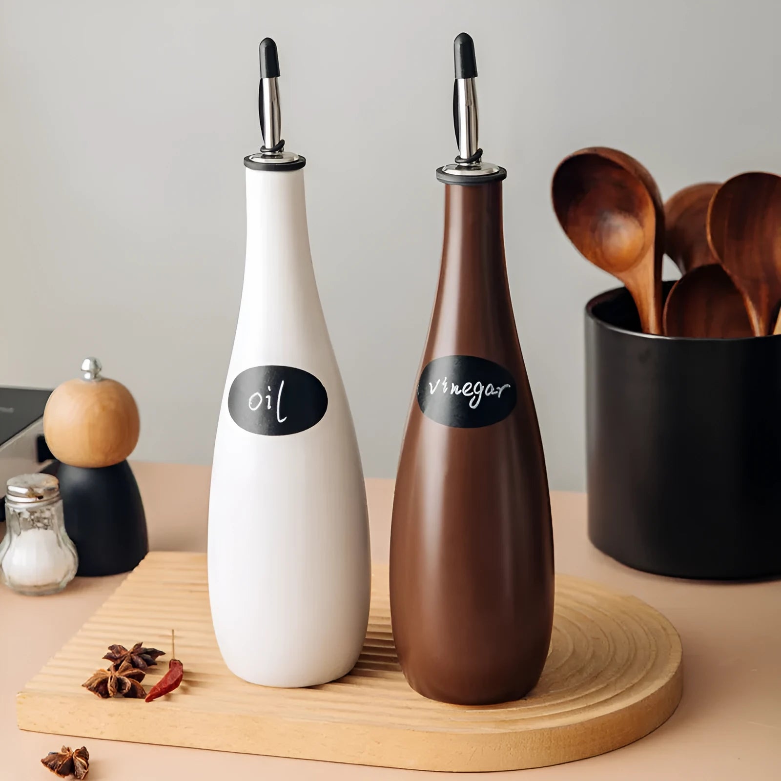 Ceramic oil pot with funnel and brush for kitchen oil storage in 650ml capacity