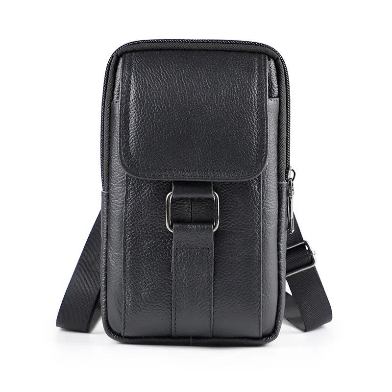 Men's black composite cowhide leather waist crossbody bag with lock fastener and coin pocket