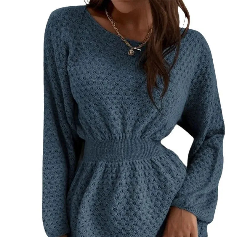 Blue women's knitted dress with French round neck, fitted waist, and crocheted flower details