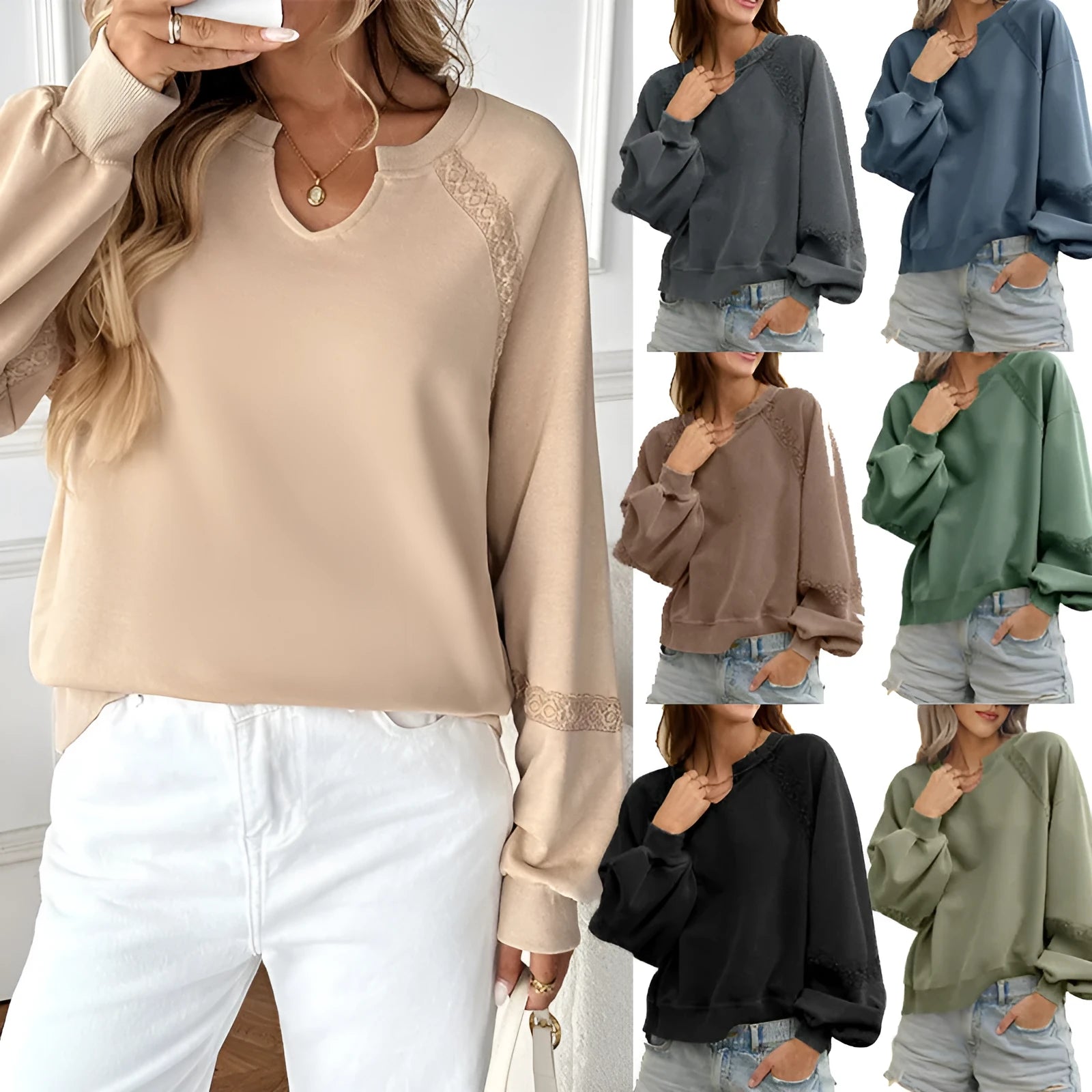 Women's loose fit long sleeve sweater with half-open collar and lace stitching detail in apricot colour.