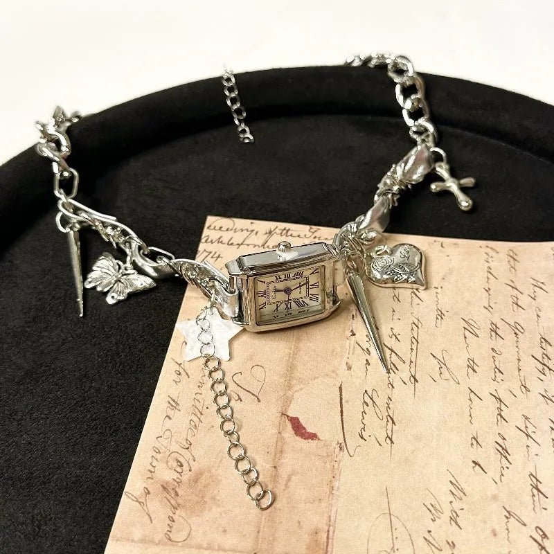 Dark style multi-layer cross necklace with twin clavicle chains and hemp flowers texture