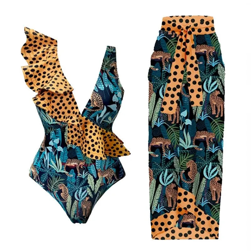 Women's solid colour one-piece swimsuit with spaghetti straps and matching skirt set