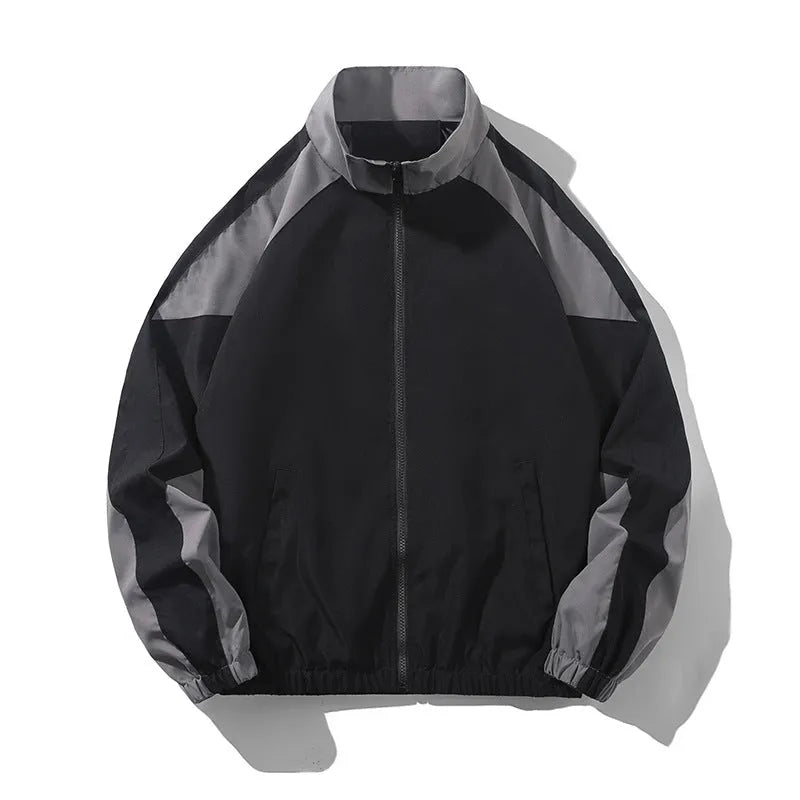 Men's black contrast stitch casual jacket with side seam pockets showing loose fit design