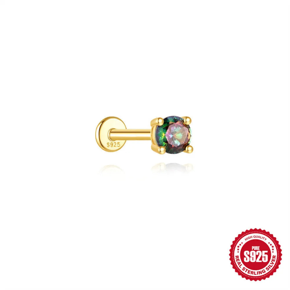 S925 sterling silver piercing earrings with super shiny rainbow stone and flat head thread in gold colour