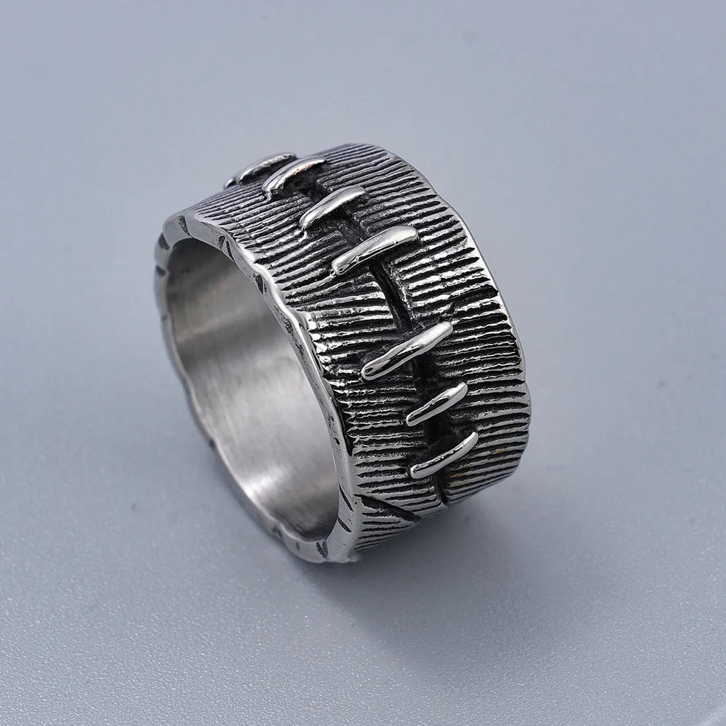 Dark punk geometric ring with double ring design and stitched detailing in retro colour on titanium steel