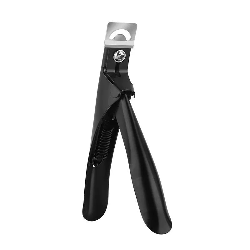 Close-up of stainless steel nail scissors with French U-shaped titanium blades, shown in electrophoresis black finish.