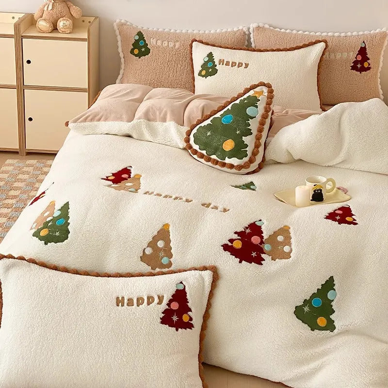 Bright yellow fleece-lined four-piece bedding set with cartoon Christmas tree pattern and embroidery detail