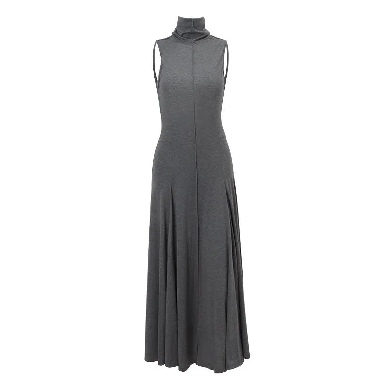 Grey slim-fit women's dress with half turtleneck neckline and backless design
