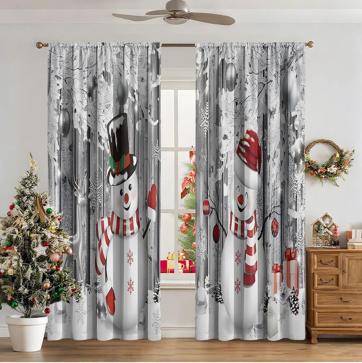 3D digitally printed Christmas curtain with modern simplicity design showing festive imagery