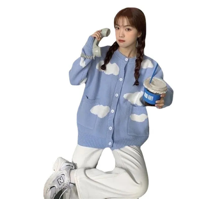 Blue cloud pattern women's loose cardigan sweater with long sleeves on hanger