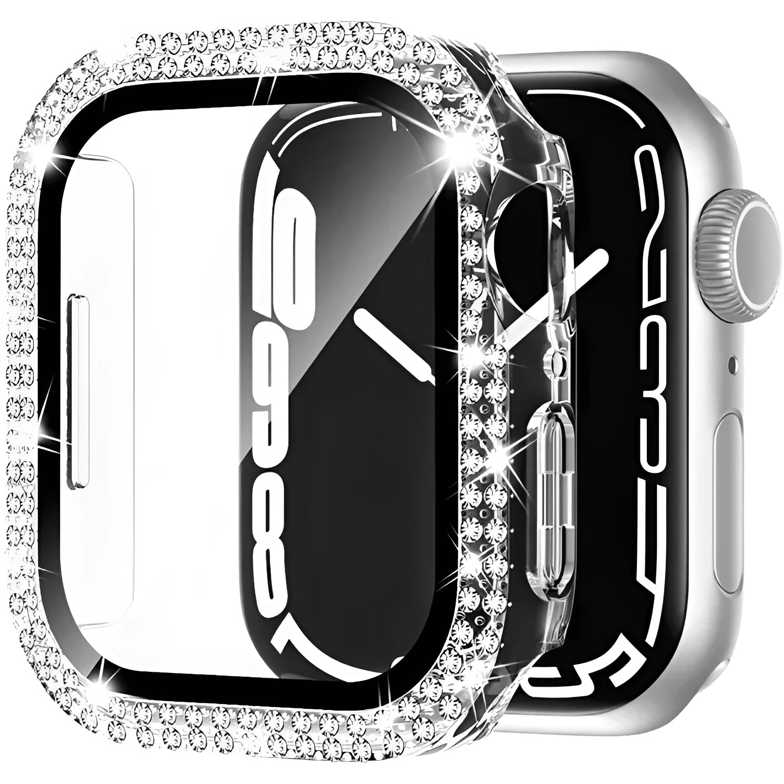 Apple Watch case with double diamond glass screen protector in rose pink colour on a 44mm watch.