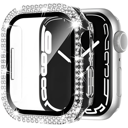 Apple Watch case with double diamond glass screen protector in rose pink colour on a 44mm watch.