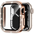 Apple Watch case with double diamond glass screen protector in rose pink colour on a 44mm watch.