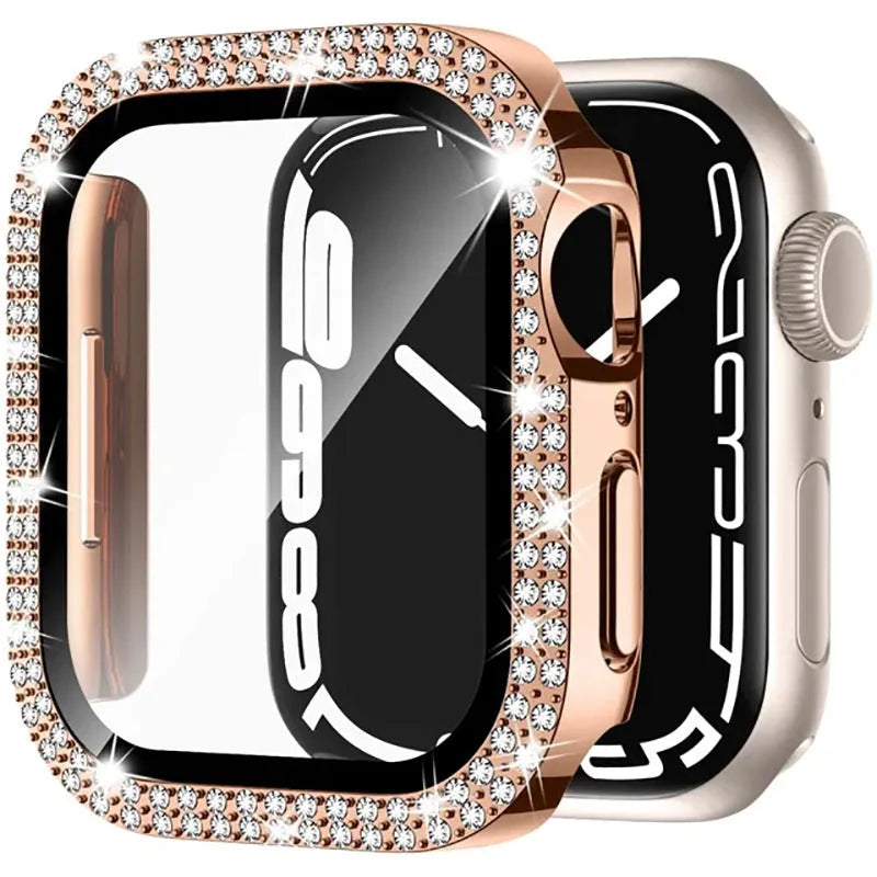 Apple Watch case with double diamond glass screen protector in rose pink colour on a 44mm watch.
