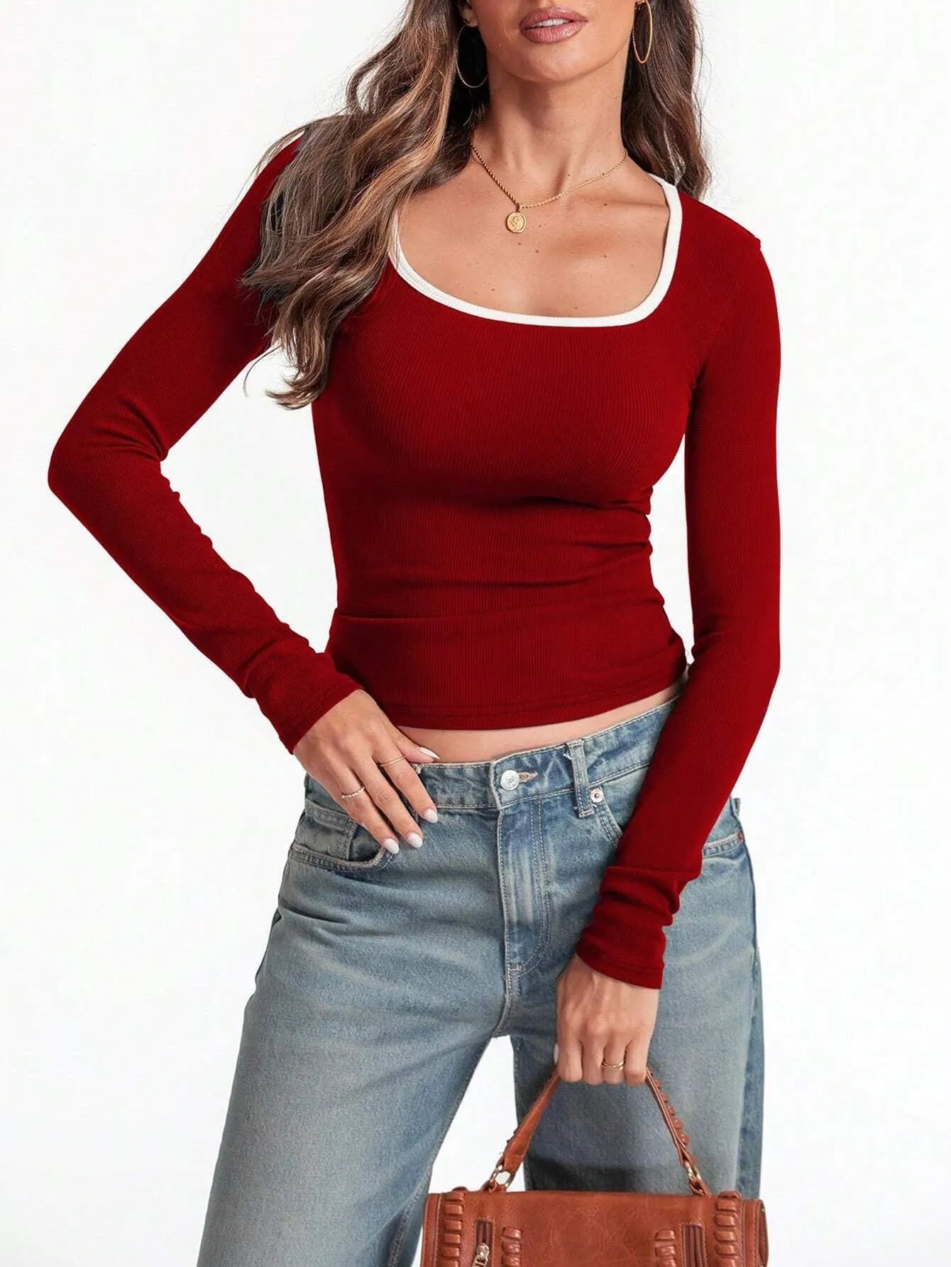 Women's slim fit cotton top with square collar and long sleeves in navy blue colour