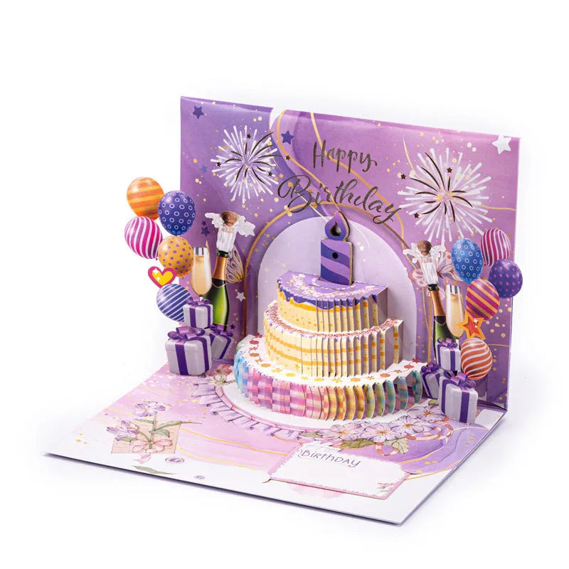 3D greeting card showing light music blowing cake design in Chinese ink style with manual folding