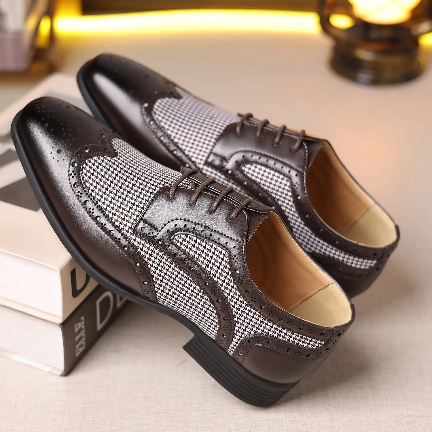 Men's black houndstooth plaid casual shoes with square toe and lace-up front on a rubber sole.