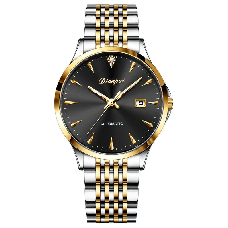 Men's simple dial automatic mechanical watch with stainless steel strap and case.
