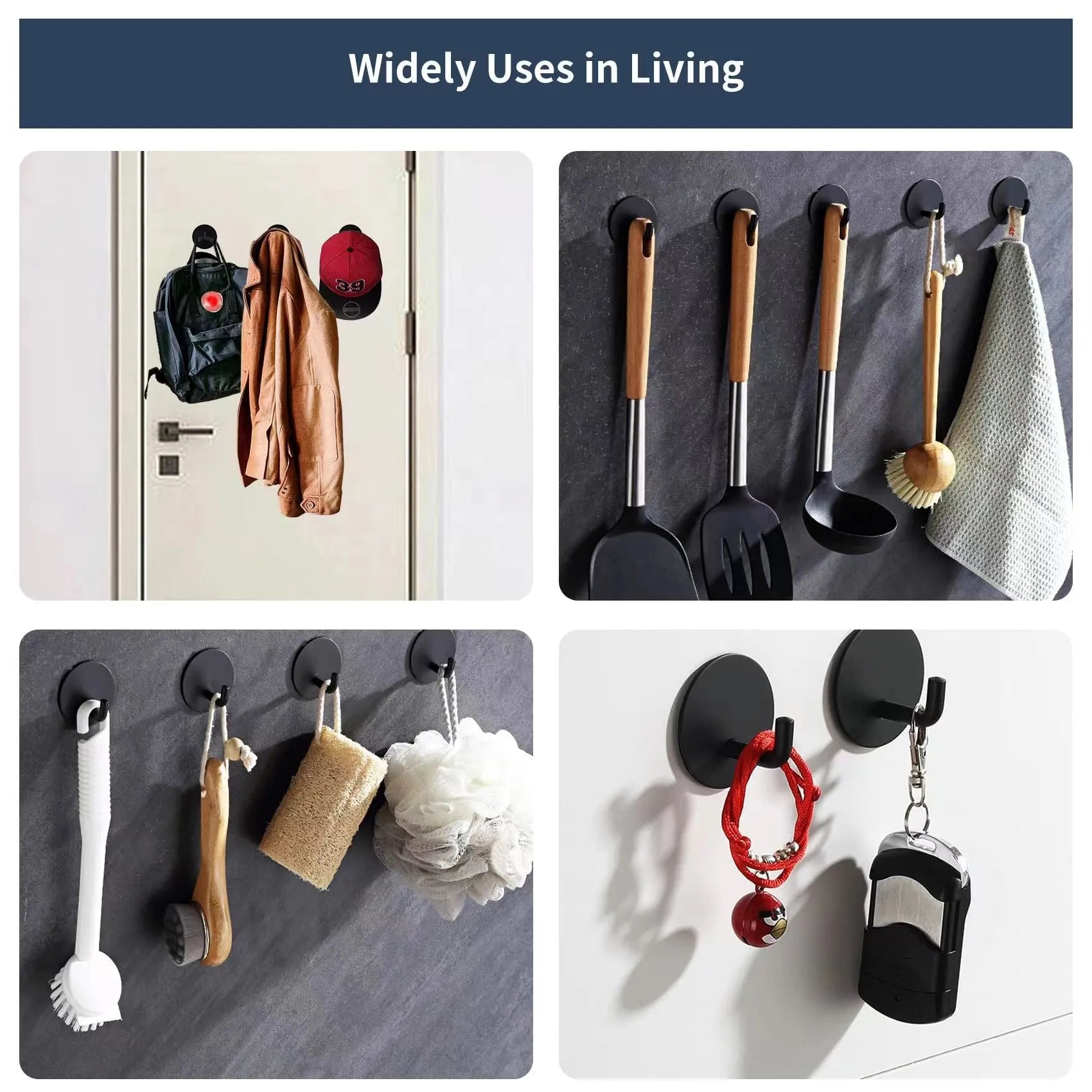 Stainless steel self-adhesive wall hook in black and polished finishes for bathroom or kitchen.