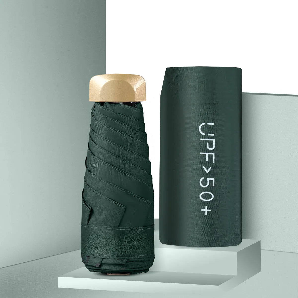 Closed 5-fold mini pocket sun umbrella showing compact size and rubber handle