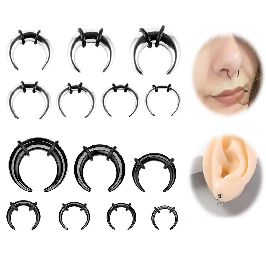316 stainless steel nose ring with C-shaped buffalo horn geometric design in steel or black colour