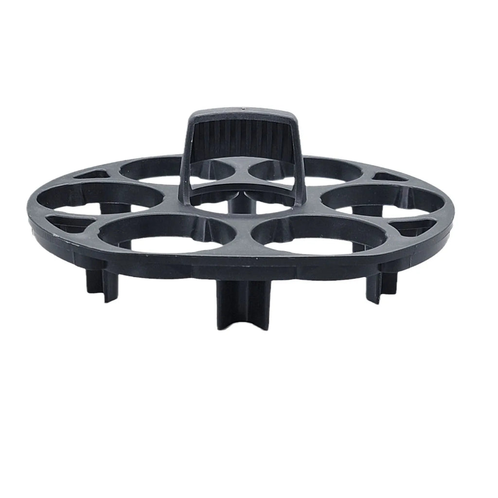 Black plastic egg holder rack with retainer for kitchen storage.
