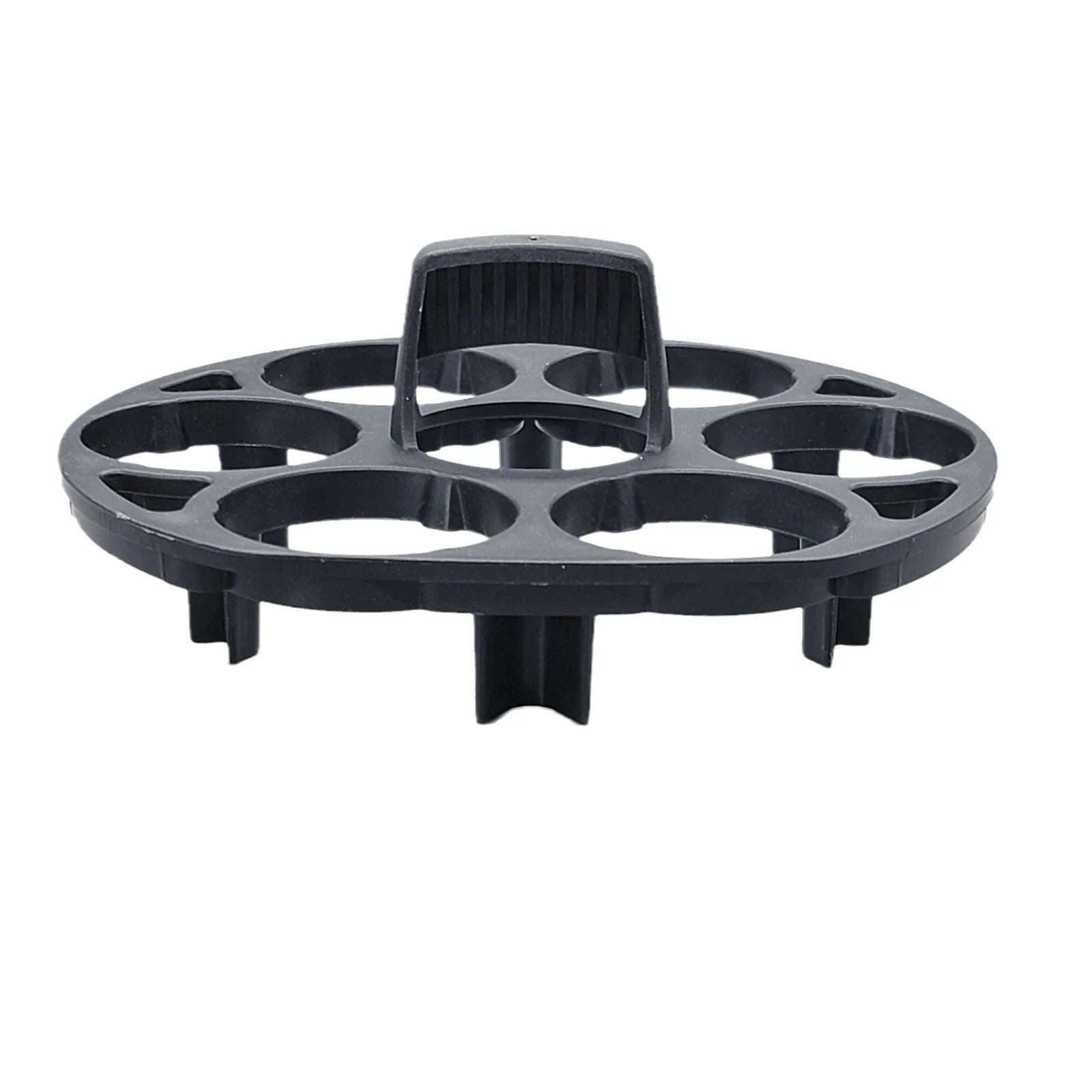 Black plastic egg holder rack with retainer for kitchen storage.