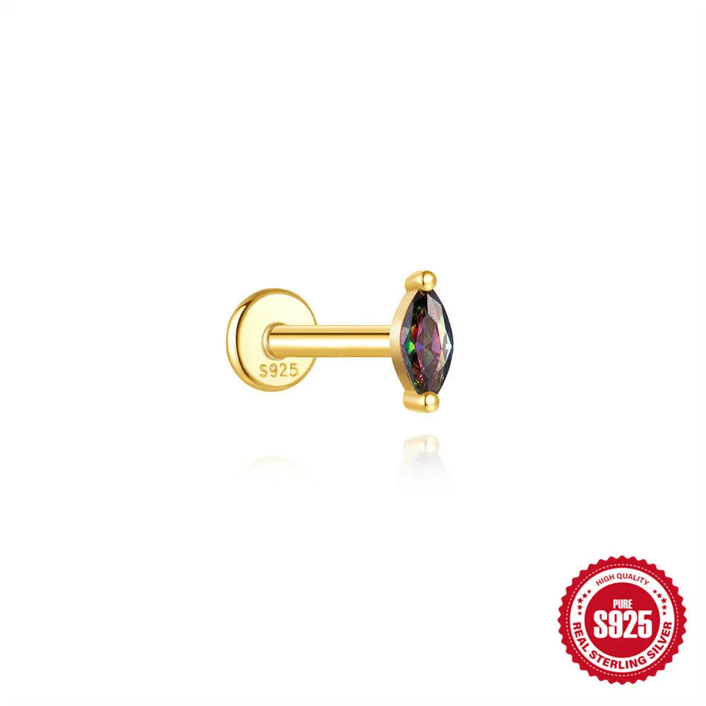 S925 sterling silver piercing earrings with super shiny rainbow stone and flat head thread in gold colour