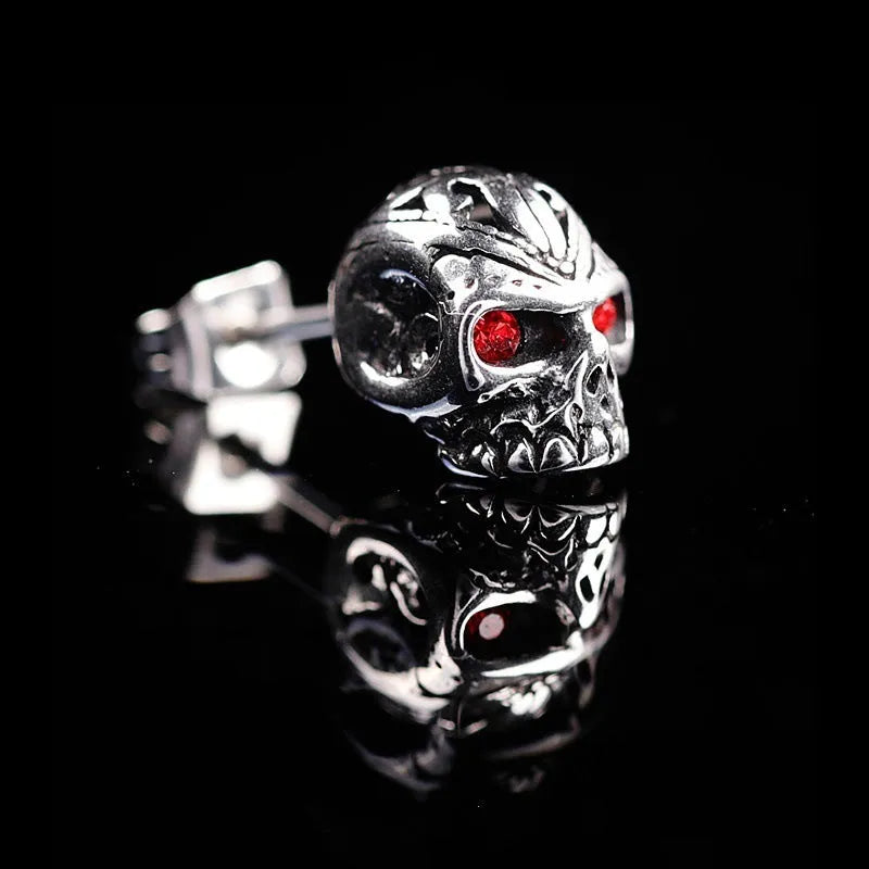 Red eye ghost head skull stud earrings in electroplated alloy with artificial gemstone inlay