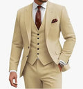Men's slim fit three-piece suit in a bright red colour, featuring a jacket, waistcoat, and trousers.