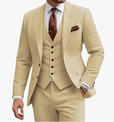 Men's slim fit three-piece suit in a bright red colour, featuring a jacket, waistcoat, and trousers.