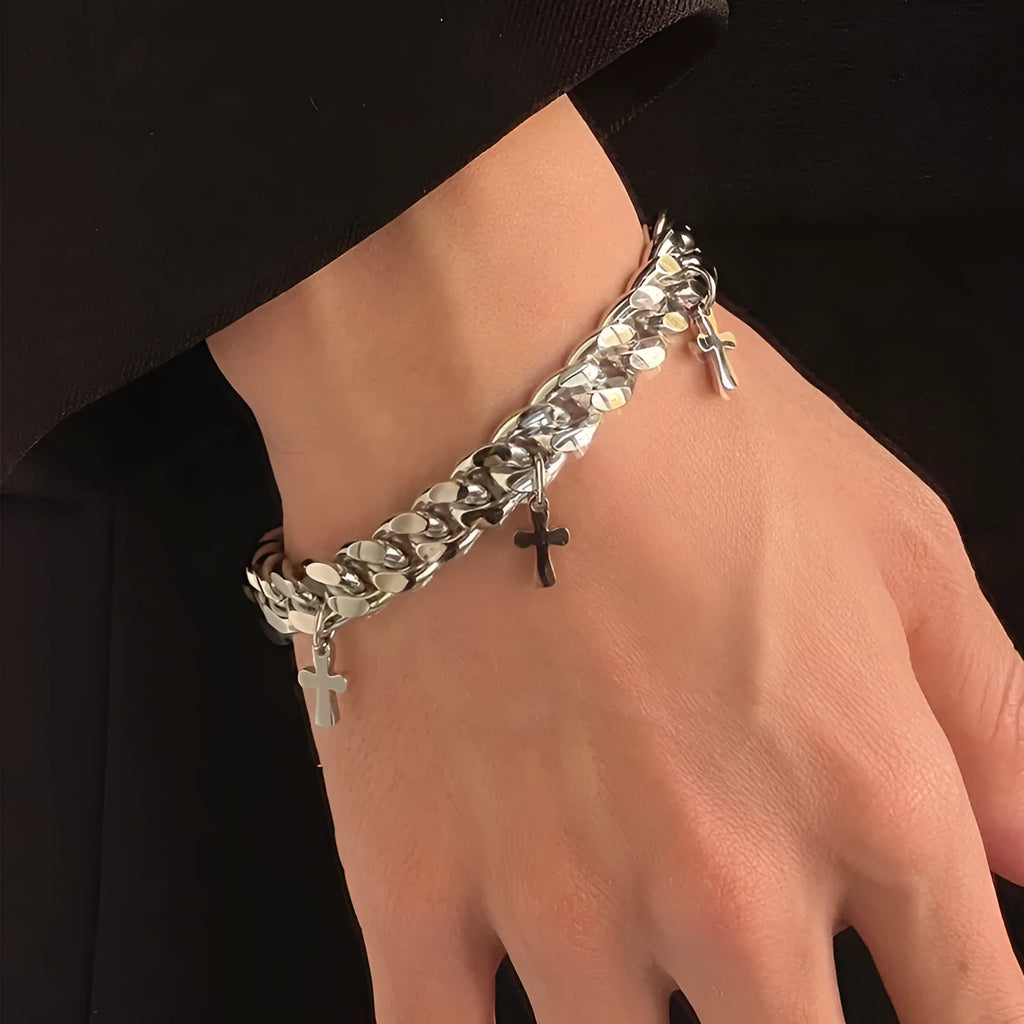 Men's geometric titanium steel cross bracelet with cold wind style design on wrist