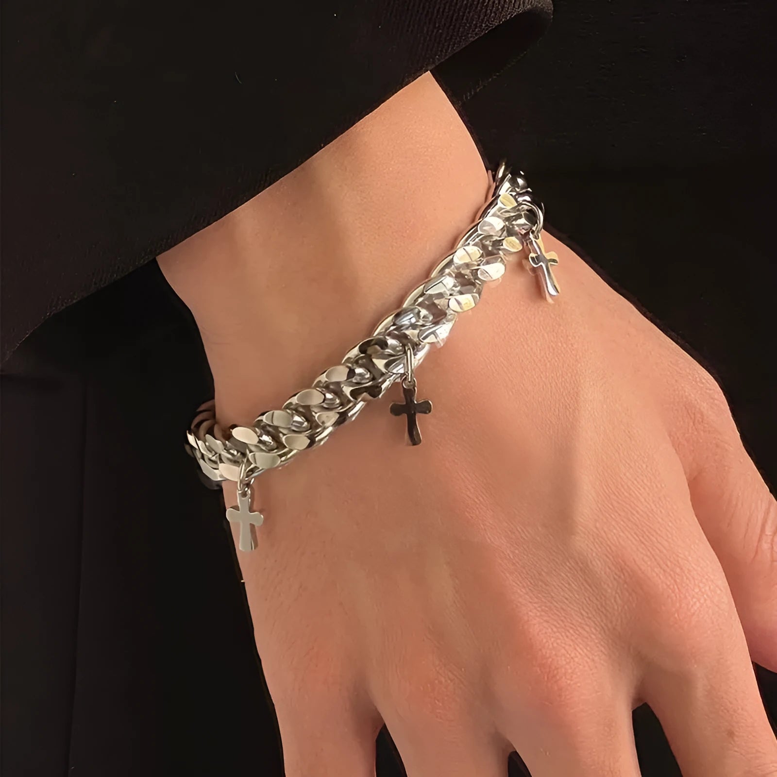 Men's geometric titanium steel cross bracelet with cold wind style design on wrist