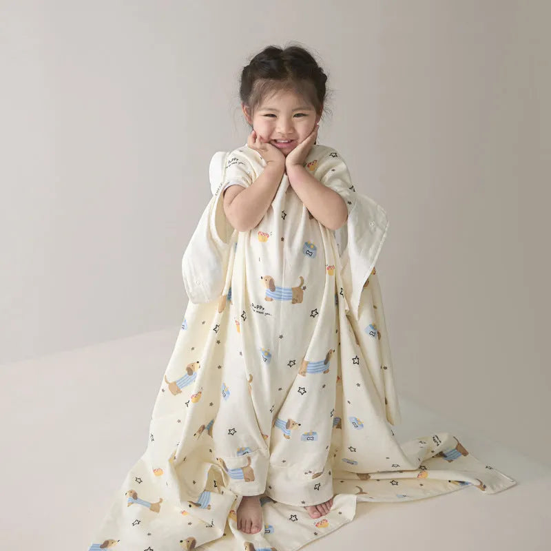 Anti-kick sleeping bag blanket in a summer design on a bed, showing its lightweight texture.