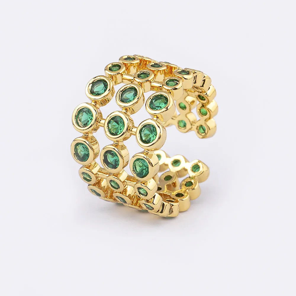 Men's wide copper ring with 18K gold plating and green zircon decoration