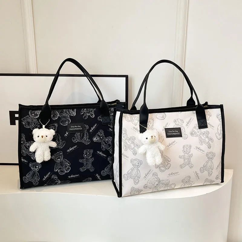 Women's canvas tote bag with rhombus pattern in black or white colour options