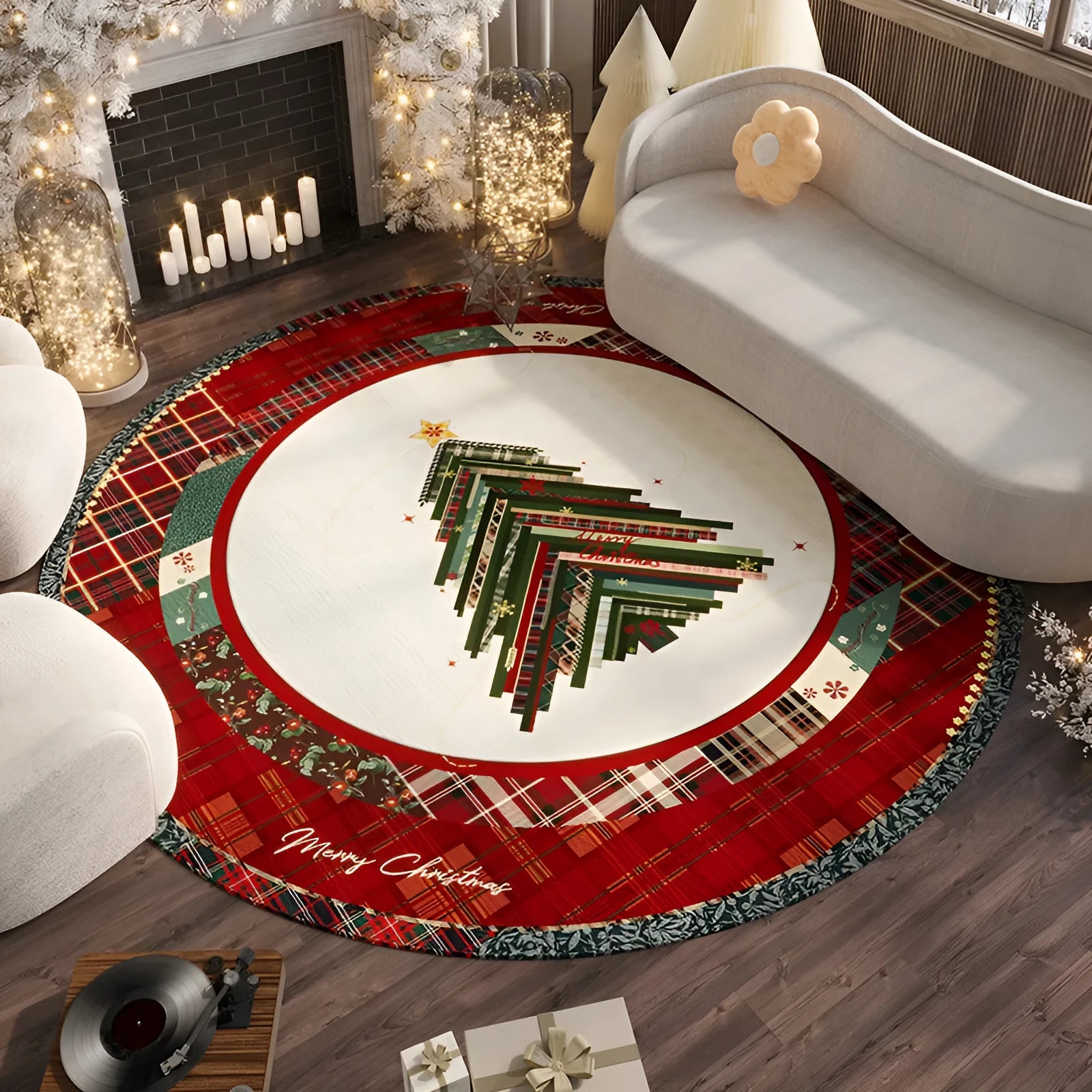 Round red Christmas carpet with festive pattern on wooden floor